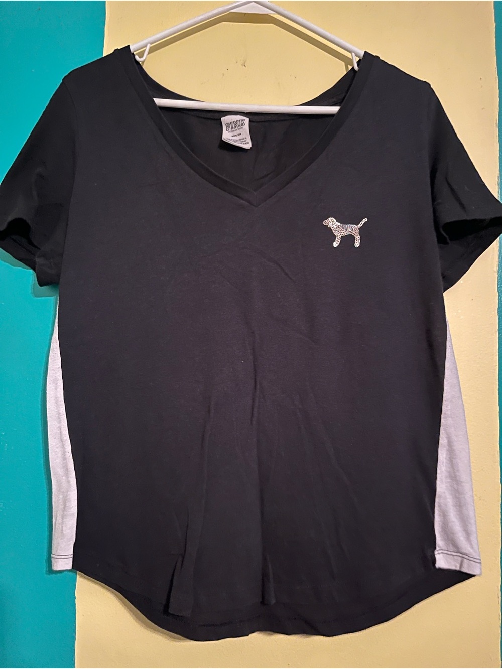PINK Victoria's Secret Black Bling V-Neck Dog Logo Tee
